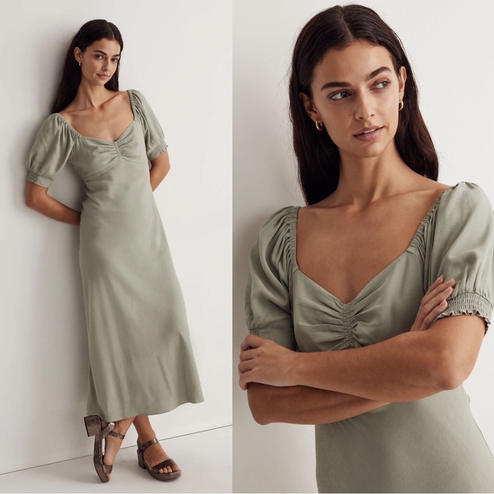 Madewell • Sweetheart Puff-Sleeve Midi Dress in Frosted Sage green bias cut